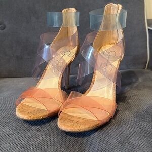 Jessica Simpson Clear Multi Color Strappy Cork Stiletto Heels 8M